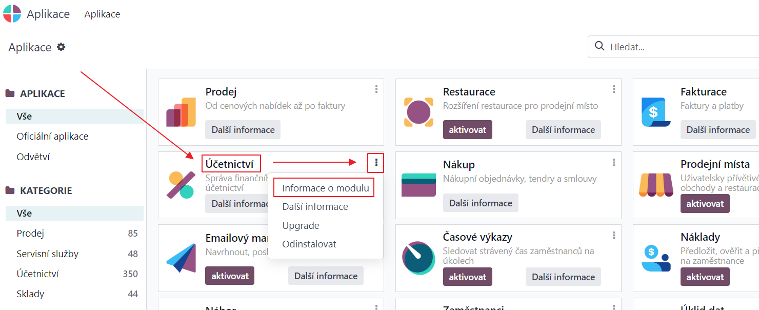 Zvolit detail aplikace účetnictví a informace o modulu