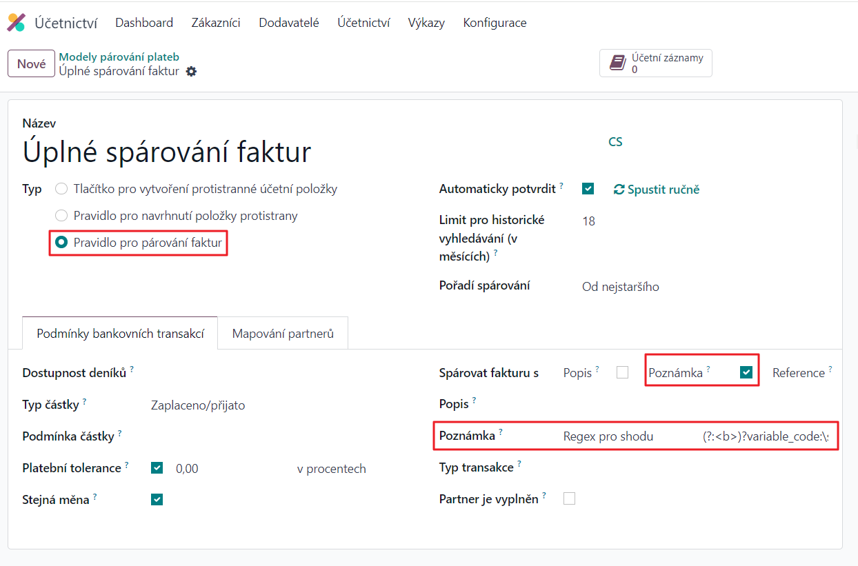 Nastavení párovacího modelu