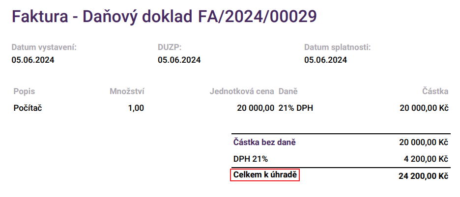 pole "Celkem k úhradě" na faktuře