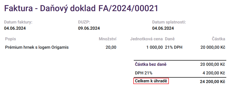 pole "Celkem k úhradě" na faktuře