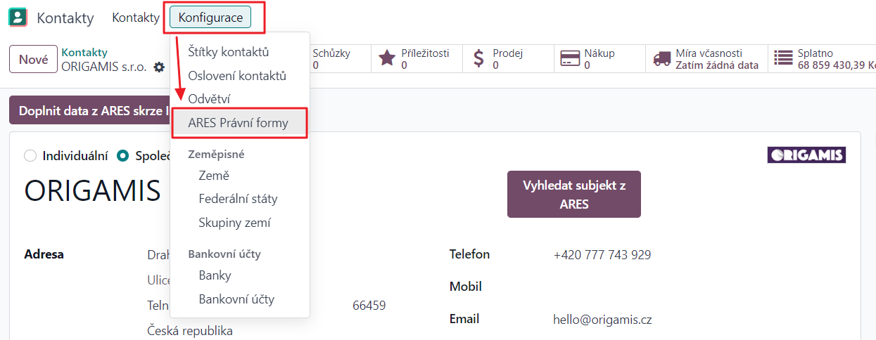 Menu pro zobrazení právních forem