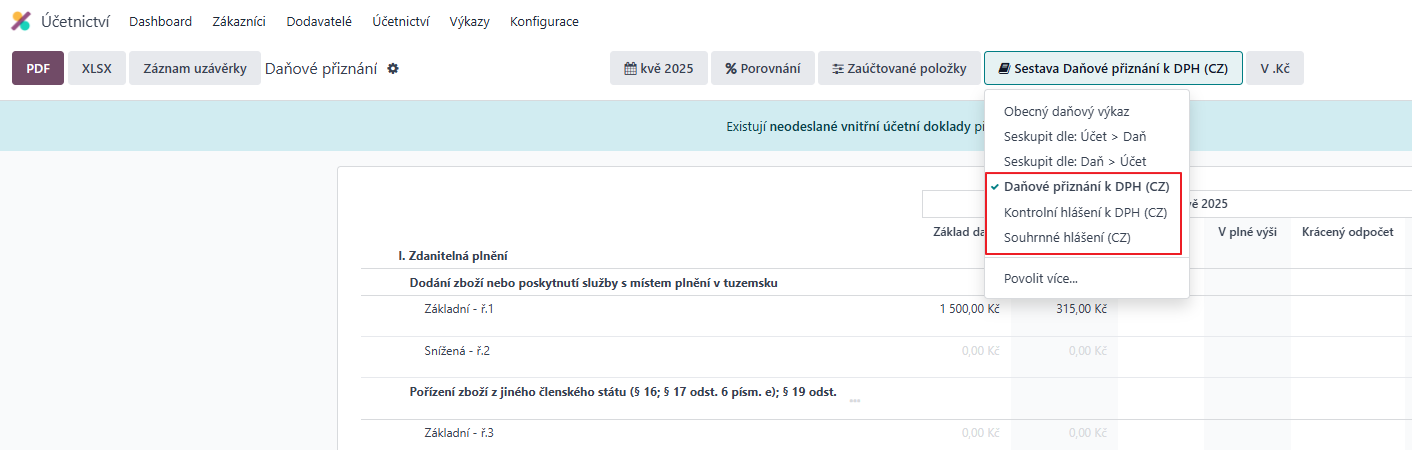 Kontrolní a souhrnné hlášení k DPH v českém účetnictví Odoo