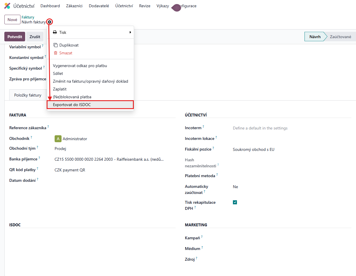 Export faktury do formátu ISDOC přímo z detailu dokladu v Odoo