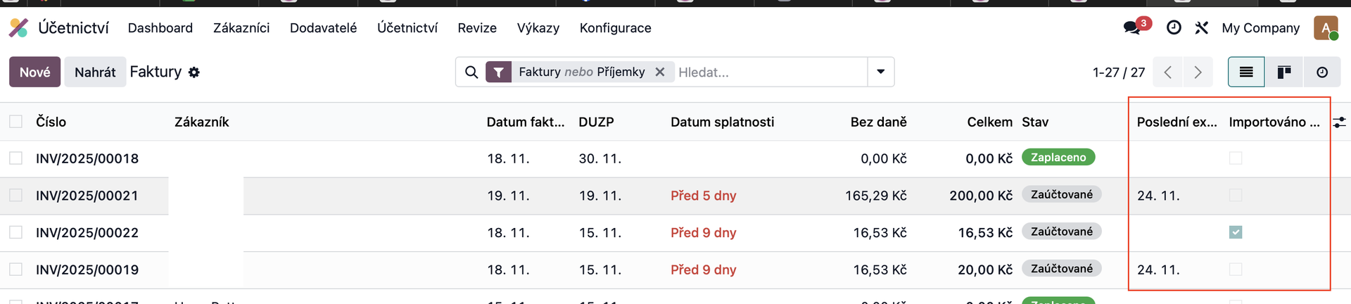 Přehled faktur importovaných ze souboru ISDOC v Odoo