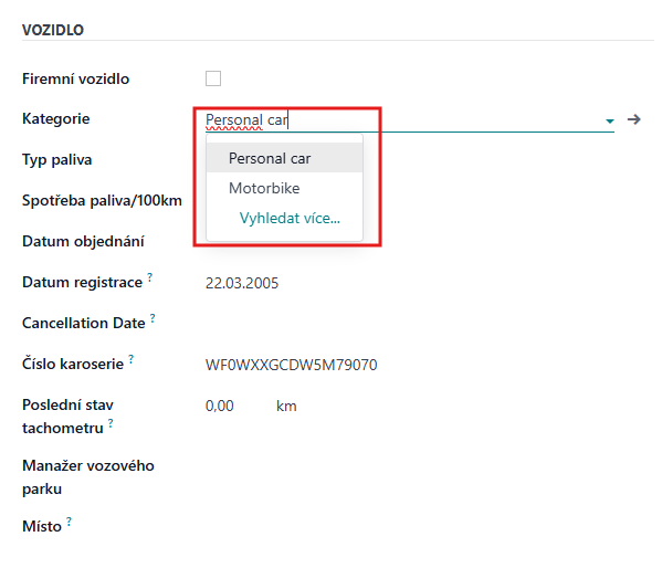 Nastavení spotřeby paliva na kartě vozidla v Odoo