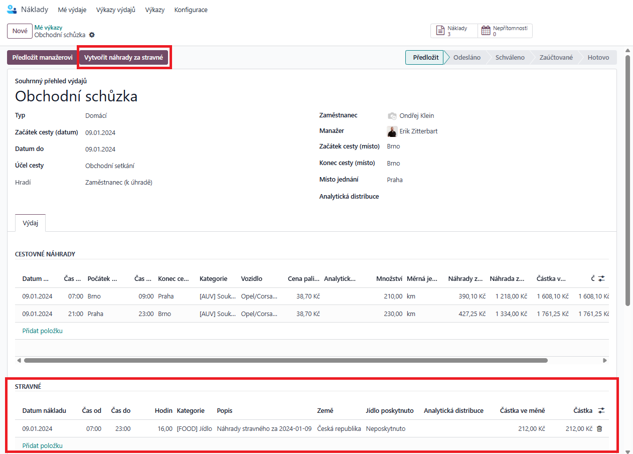 Cestovní příkaz v Odoo se základními údaji o služební cestě